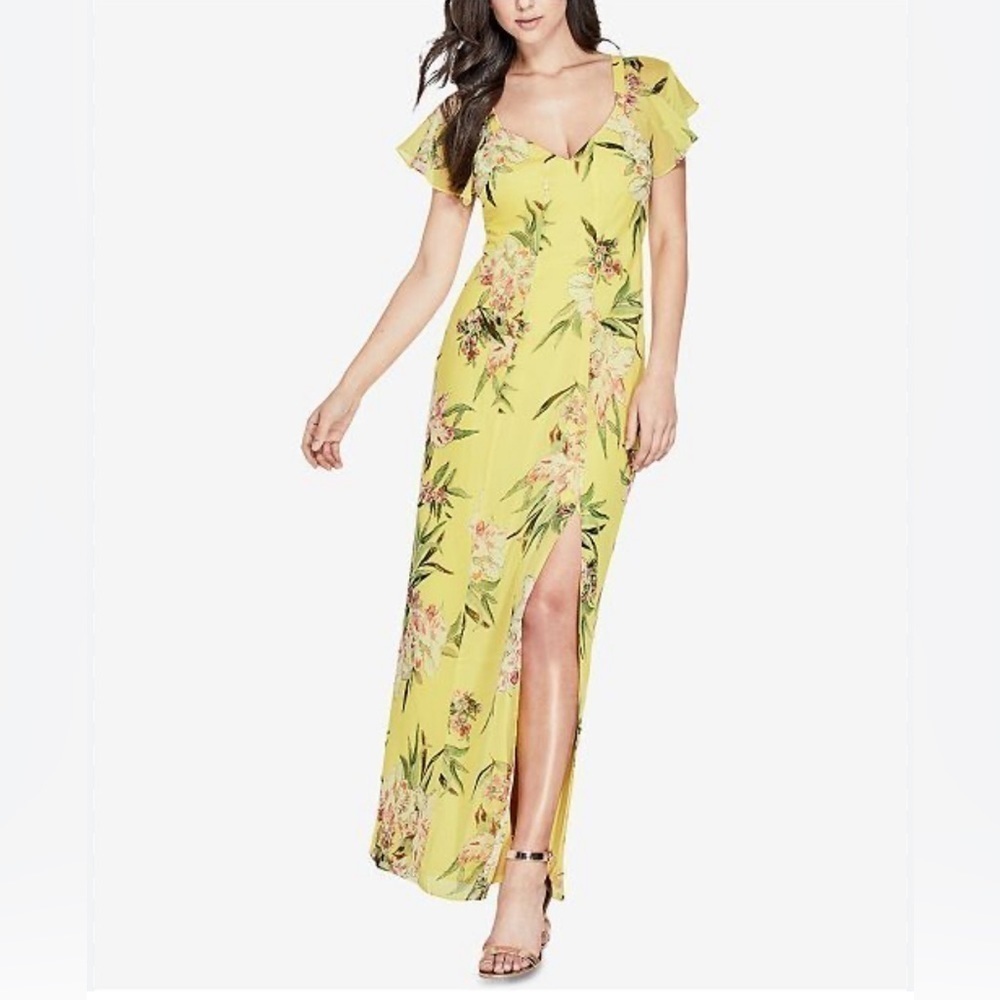 Guess yellow floral tropical elegant full Loyola Printed Maxi Dress Size 0 zero - Picture 10 of 10
